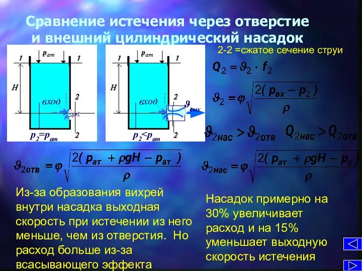 Сравнение истечения через отверстие и внешний цилиндрический насадок Насадок примерно на