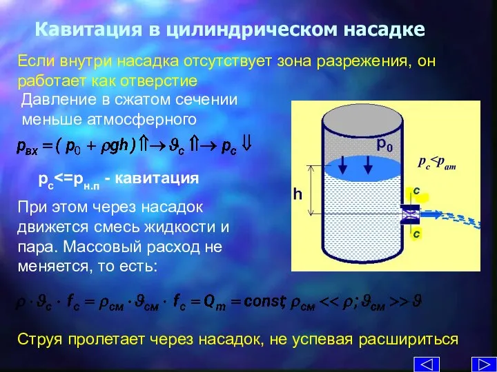 Кавитация в цилиндрическом насадке Если внутри насадка отсутствует зона разрежения, он