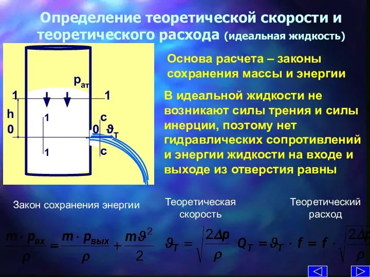 Определение теоретической скорости и теоретического расхода (идеальная жидкость) Основа расчета –