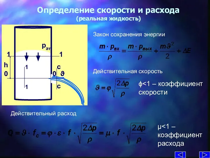 Определение скорости и расхода (реальная жидкость) Закон сохранения энергии Действительная скорость Действительный расход ϕ μ