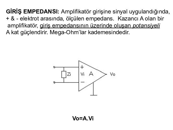 GİRİŞ EMPEDANSI: Amplifikatör girişine sinyal uygulandığında, + & - elektrot arasında,