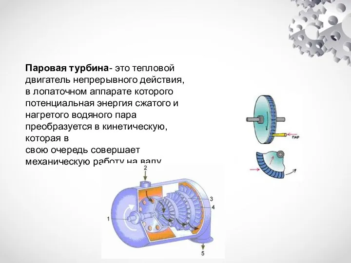 Паровая турбина Паровая турбина- это тепловой двигатель непрерывного действия, в лопаточном