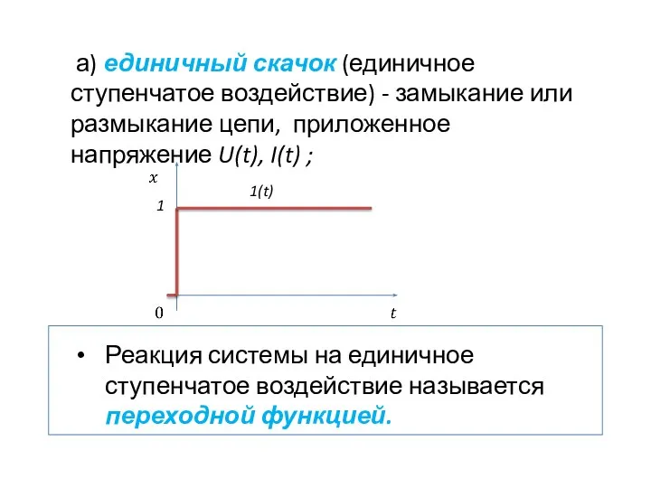 а) единичный скачок (единичное ступенчатое воздействие) - замыкание или размыкание цепи,