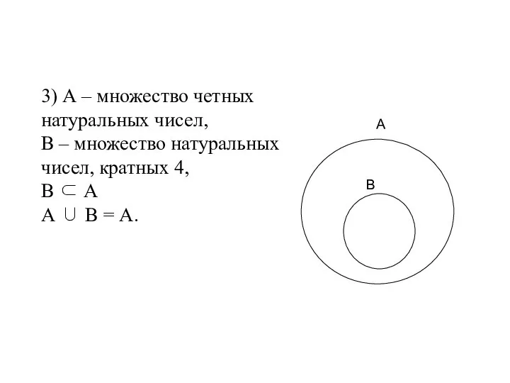 3) А – множество четных натуральных чисел, В – множество натуральных