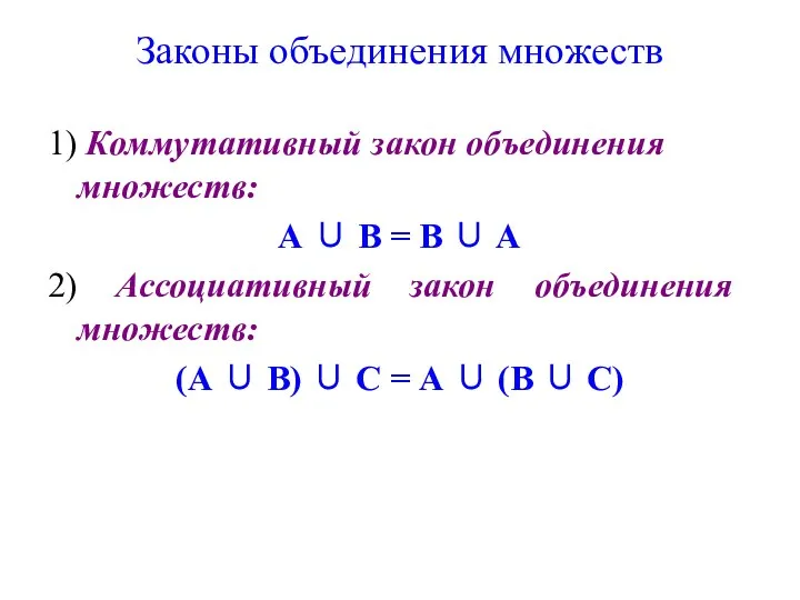 Законы объединения множеств 1) Коммутативный закон объединения множеств: А ∪ В