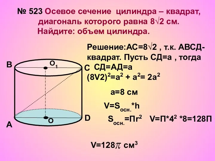 № 523 Осевое сечение цилиндра – квадрат, диагональ которого равна 8√2