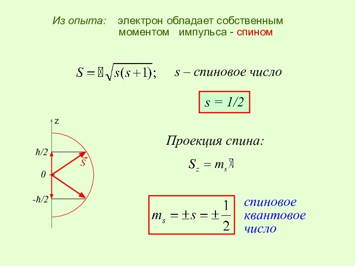 Из опыта: электрон обладает собственным моментом импульса - спином s –