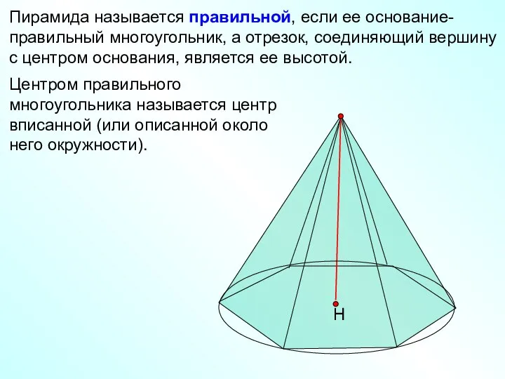 Пирамида называется правильной, если ее основание- правильный многоугольник, а отрезок, соединяющий
