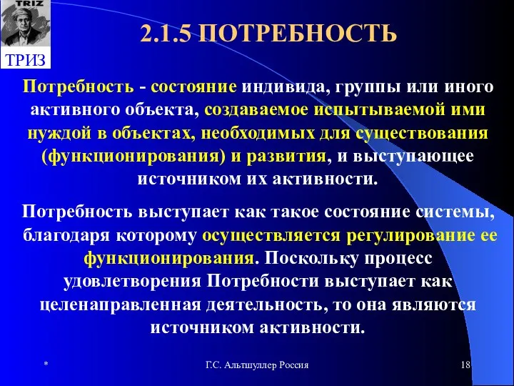 * Г.С. Альтшуллер Россия 2.1.5 ПОТРЕБНОСТЬ Потребность - состояние индивида, группы