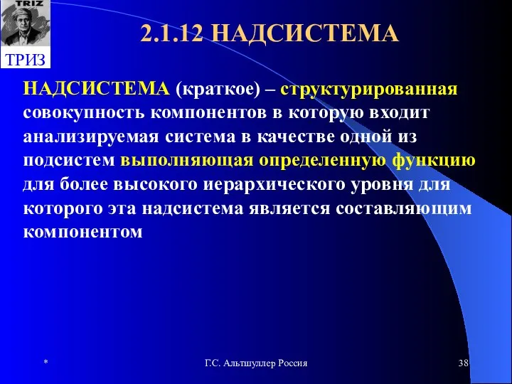 * Г.С. Альтшуллер Россия 2.1.12 НАДСИСТЕМА НАДСИСТЕМА (краткое) – структурированная совокупность