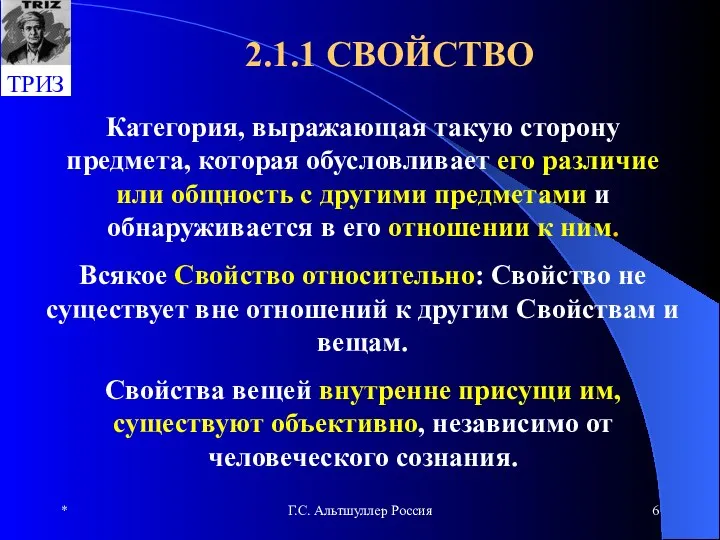 * Г.С. Альтшуллер Россия 2.1.1 СВОЙСТВО Категория, выражающая такую сторону предмета,