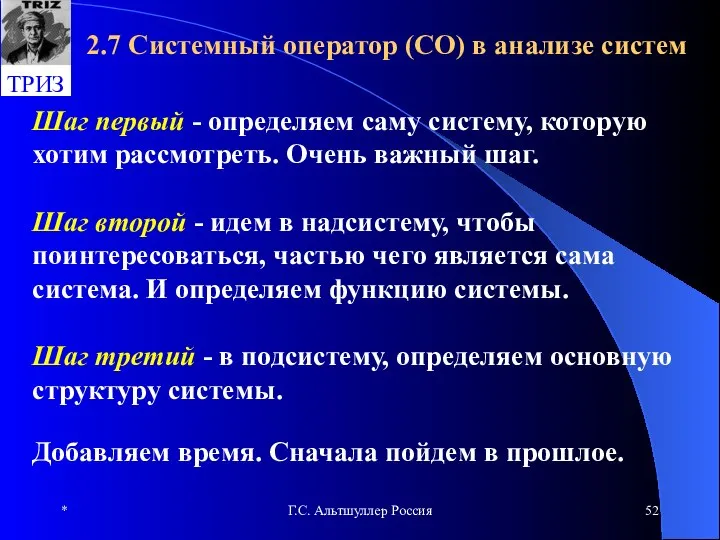 * Г.С. Альтшуллер Россия 2.7 Системный оператор (СО) в анализе систем