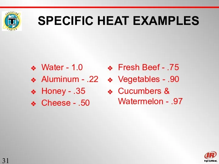 Sect. 1 SPECIFIC HEAT EXAMPLES Water - 1.0 Aluminum - .22