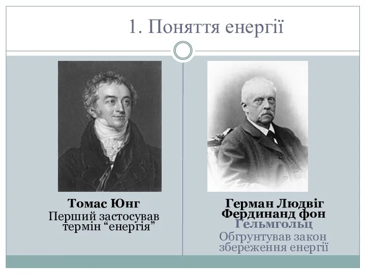 Томас Юнг Перший застосував термін “енергія” Герман Людвіг Фердинанд фон Гельмгольц