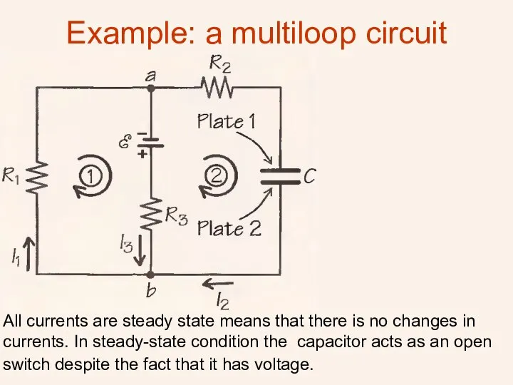 Example: a multiloop circuit All currents are steady state means that