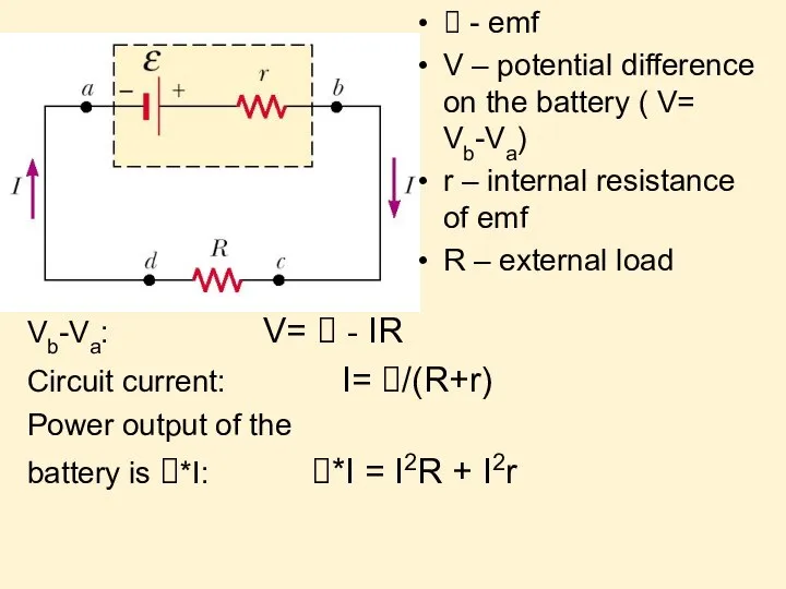 Vb-Va: V=  - IR Circuit current: I= /(R+r) Power output