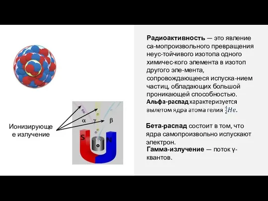 Радиоактивность — это явление са-мопроизвольного превращения неус-тойчивого изотопа одного химичес-кого эле­мента