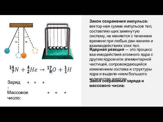 Закон сохранения импульса: вектор-ная сумма импульсов тел, составляю-щих замкнутую систему, не