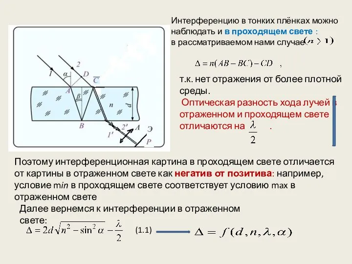 Интерференцию в тонких плёнках можно наблюдать и в проходящем свете :