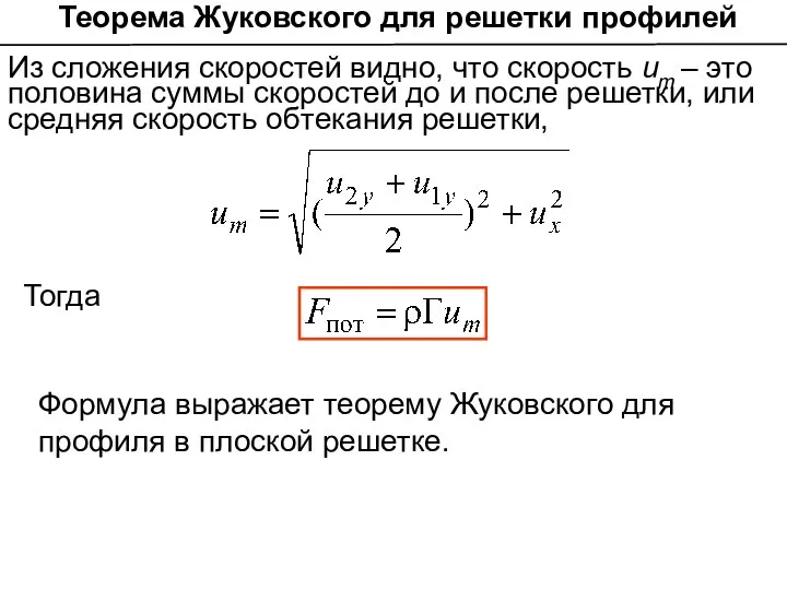 Теорема Жуковского для решетки профилей Из сложения скоростей видно, что скорость