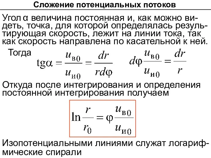 Сложение потенциальных потоков Угол α величина постоянная и, как можно ви-деть,