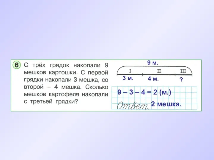 9 – 3 – 4 = 2 (м.) 2 мешка.