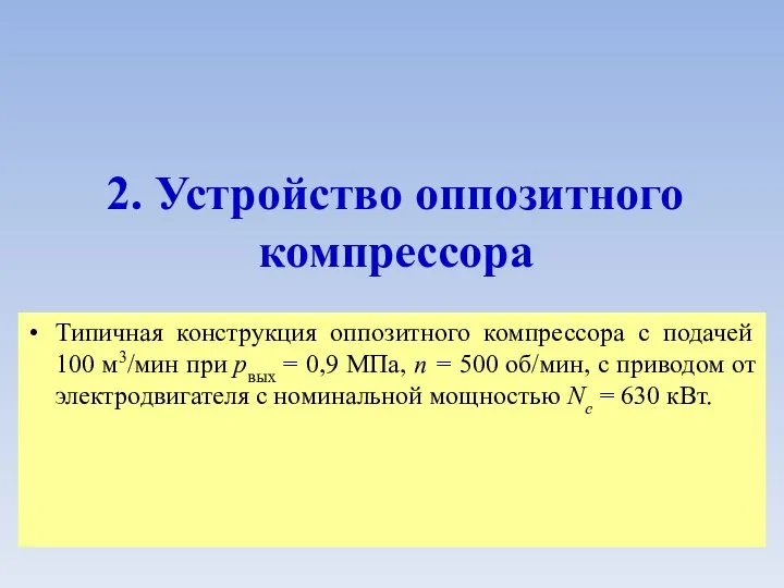 2. Устройство оппозитного компрессора Типичная конструкция оппозитного компрессора с подачей 100