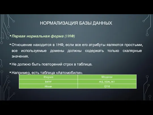 НОРМАЛИЗАЦИЯ БАЗЫ ДАННЫХ Первая нормальная форма (1НФ) Отношение находится в 1НФ,