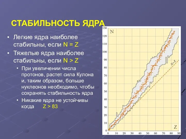 СТАБИЛЬНОСТЬ ЯДРА Легкие ядра наиболее стабильны, если N = Z Тяжелые