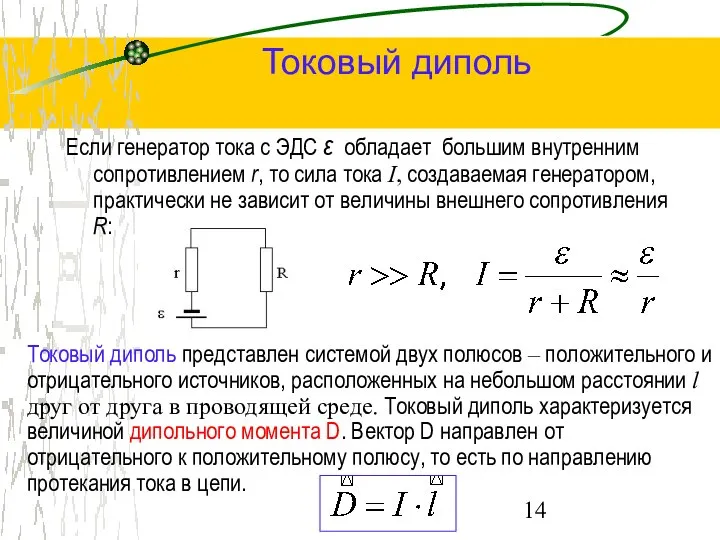 Токовый диполь Если генератор тока с ЭДС ε обладает большим внутренним