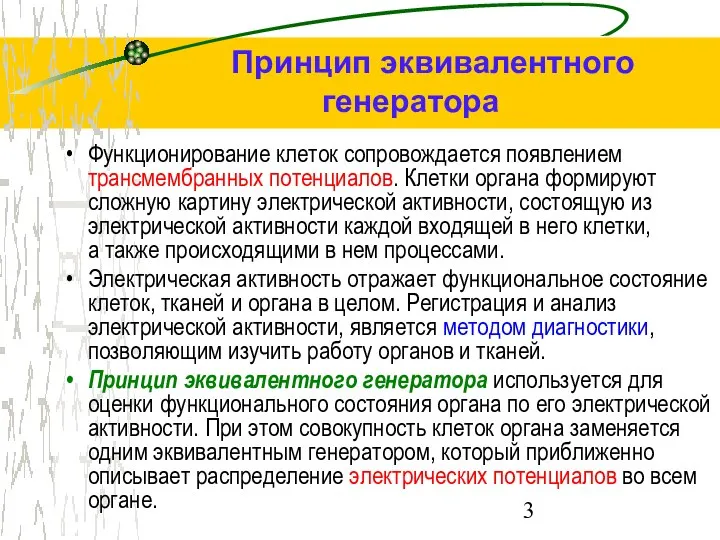 Принцип эквивалентного генератора Функционирование клеток сопровождается появлением трансмембранных потенциалов. Клетки органа