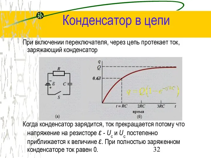Конденсатор в цепи При включении переключателя, через цепь протекает ток, заряжающий