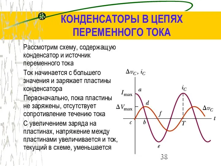 КОНДЕНСАТОРЫ В ЦЕПЯХ ПЕРЕМЕННОГО ТОКА Рассмотрим схему, содержащую конденсатор и источник