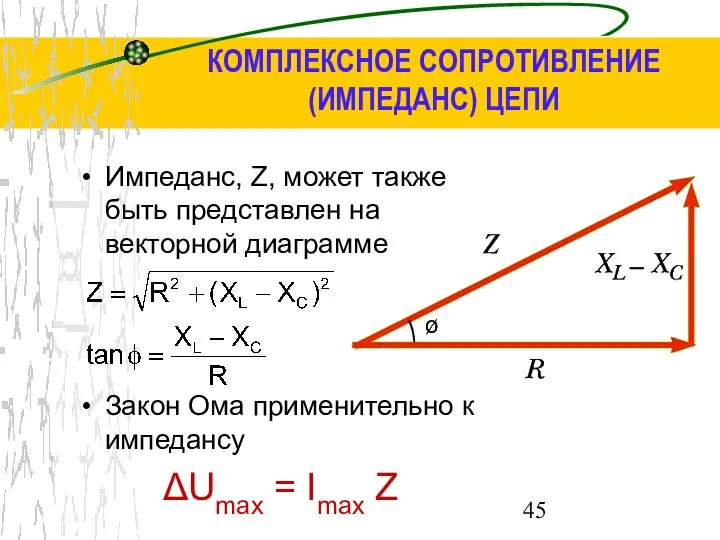 КОМПЛЕКСНОЕ СОПРОТИВЛЕНИЕ (ИМПЕДАНС) ЦЕПИ Импеданс, Z, может также быть представлен на