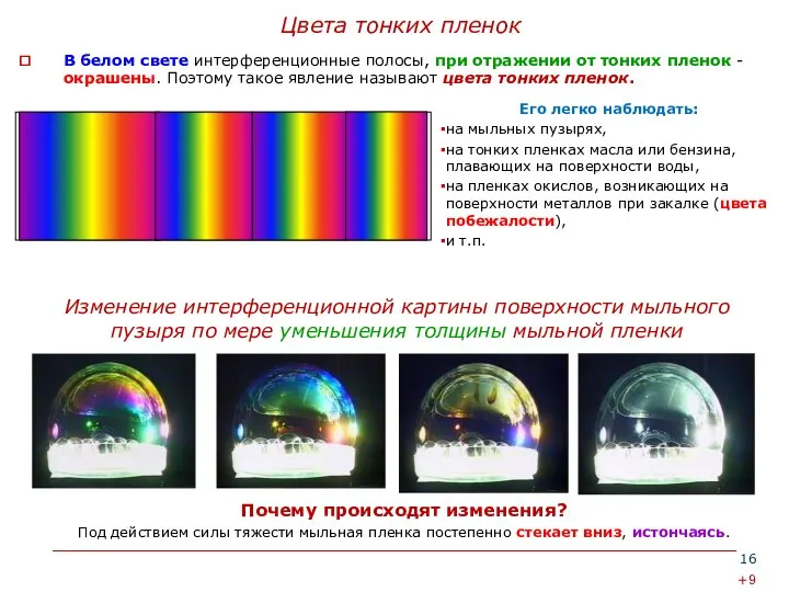 Цвета тонких пленок В белом свете интерференционные полосы, при отражении от