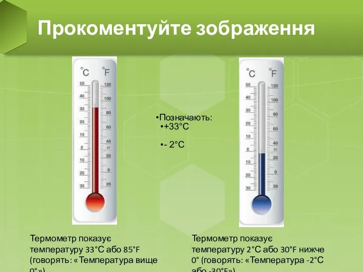Прокоментуйте зображення Термометр показує температуру 33°С або 85°F (говорять: «Температура вище