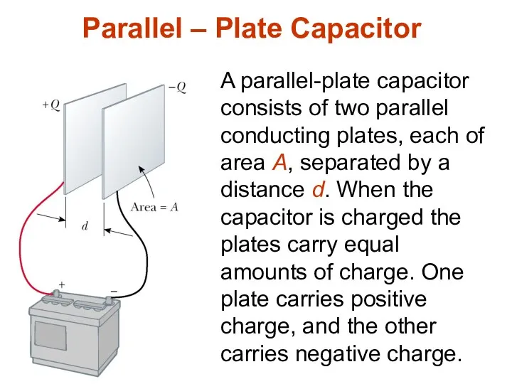 Parallel – Plate Capacitor A parallel-plate capacitor consists of two parallel