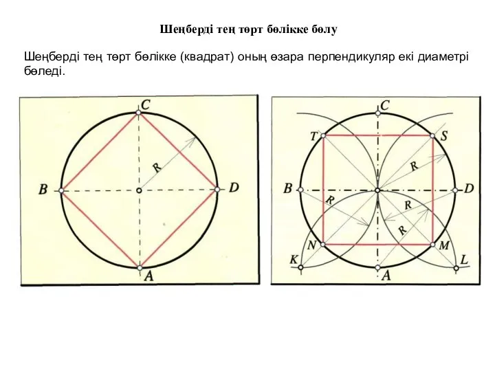 Шеңберді тең төрт бөлікке бөлу Шеңберді тең төрт бөлікке (квадрат) оның өзара перпендикуляр екі диаметрі бөледі.