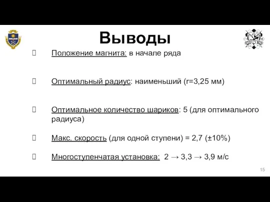 Выводы Положение магнита: в начале ряда Оптимальный радиус: наименьший (r=3,25 мм)