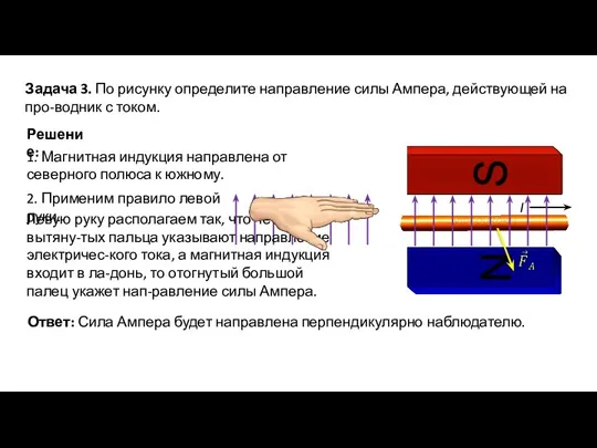 Задача 3. По рисунку определите направление силы Ампера, действующей на про-водник