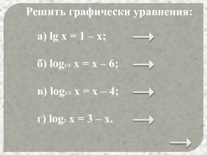 Решить графически уравнения: а) lg x = 1 – x; б)