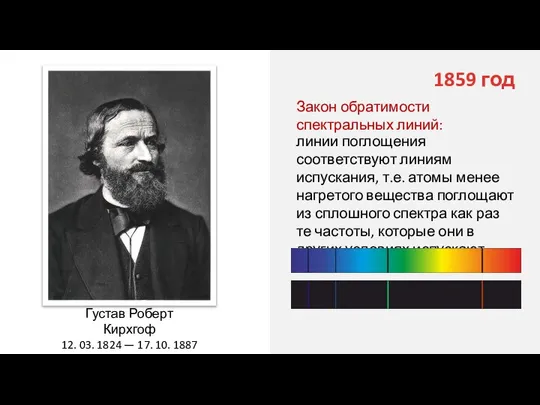 Густав Роберт Кирхгоф 12. 03. 1824 — 17. 10. 1887 1859