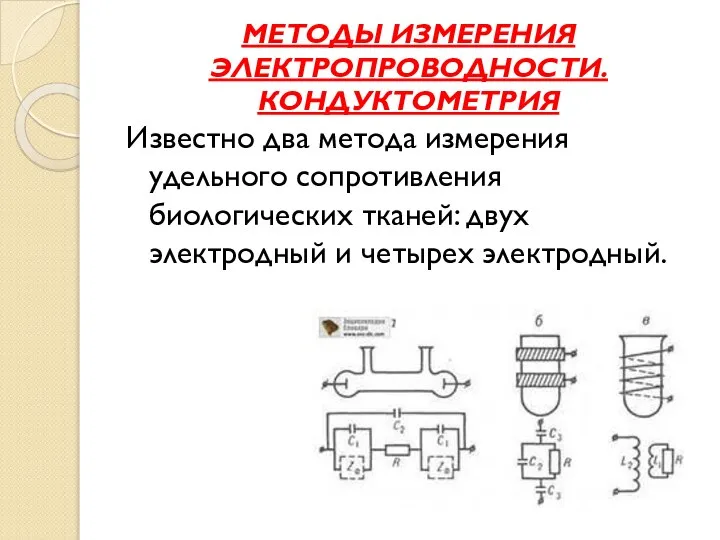 МЕТОДЫ ИЗМЕРЕНИЯ ЭЛЕКТРОПРОВОДНОСТИ. КОНДУКТОМЕТРИЯ Известно два метода измерения удельного сопротивления биологических