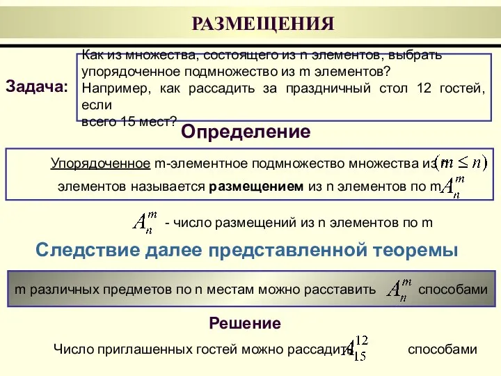 Упорядоченное m-элементное подмножество множества из n элементов называется размещением из n