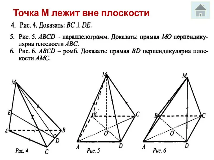 Точка М лежит вне плоскости АВС.