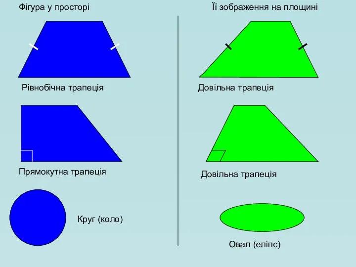 Фігура у просторі Її зображення на площині Рівнобічна трапеція Довільна трапеція