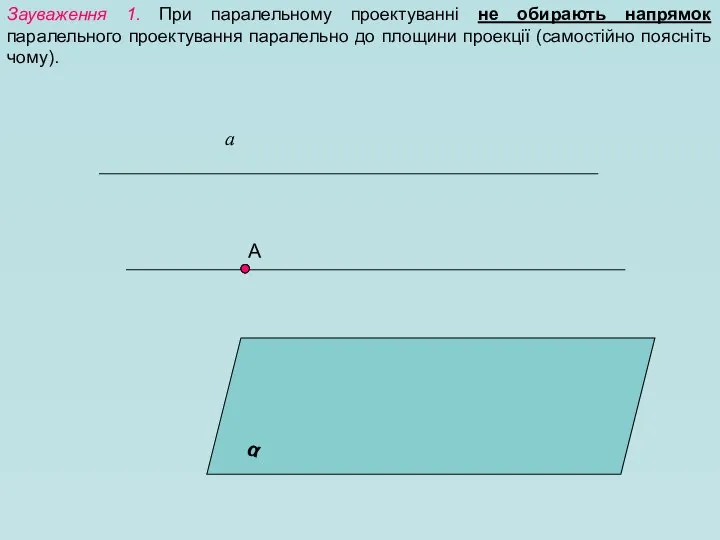 Зауваження 1. При паралельному проектуванні не обирають напрямок паралельного проектування паралельно