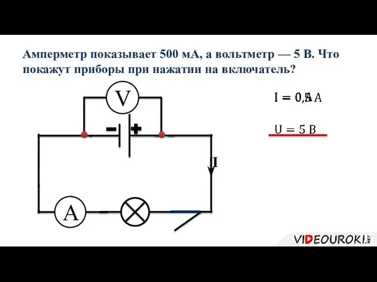 Амперметр показывает 500 мА, а вольтметр — 5 В. Что покажут