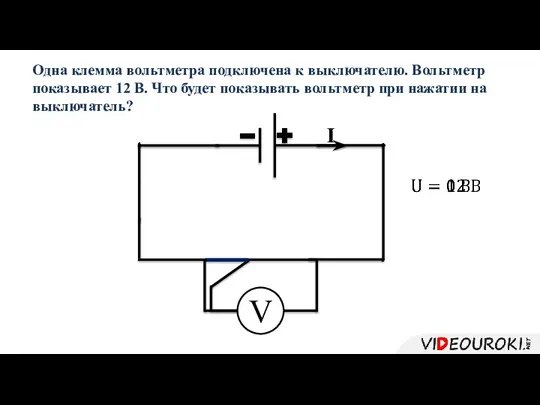 V Одна клемма вольтметра подключена к выключателю. Вольтметр показывает 12 В.