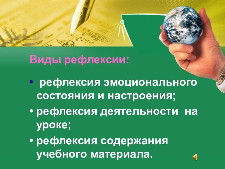 Виды рефлексии: рефлексия эмоционального состояния и настроения; рефлексия деятельности на уроке; рефлексия содержания учебного материала.